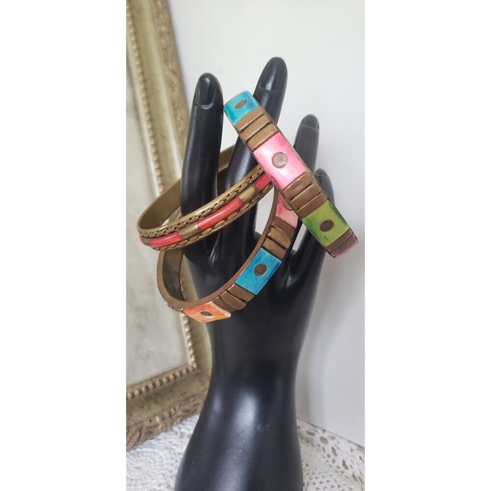 Three Colourful Resin Brass Bangles Vintage Jewelry Accents Colourful